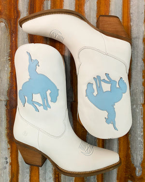Let'Er Buck White/Blue Cowboy Design Leather Boots (DS)