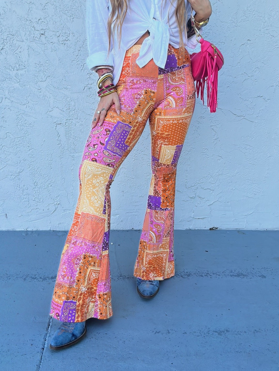 Marmalade Eyes Orange Patchwork Print Bell Bottom Flare Pants