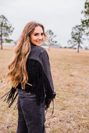 Lunatic Fringe Black Denim Fringe Trim Jean Jacket ~ FINAL SALE