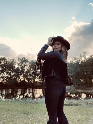 Lunatic Fringe Black Denim Fringe Trim Jean Jacket ~ FINAL SALE