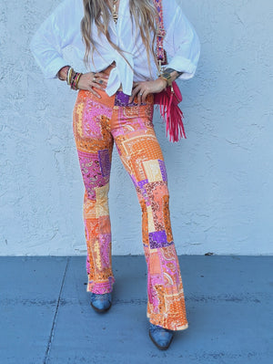 Marmalade Eyes Orange Patchwork Print Bell Bottom Flare Pants