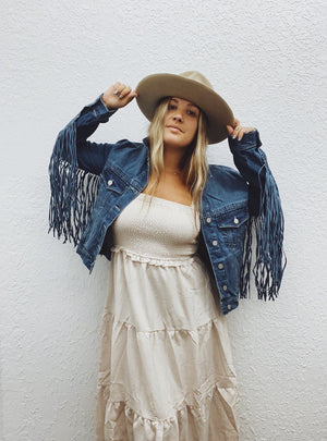 Lunatic Fringe Medium Wash Fringe Denim Jacket ~ FINAL SALE
