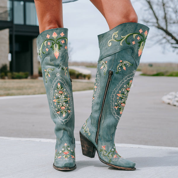 Floral knee high fashion boots