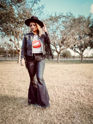 Lunatic Fringe Black Denim Fringe Trim Jean Jacket ~ FINAL SALE