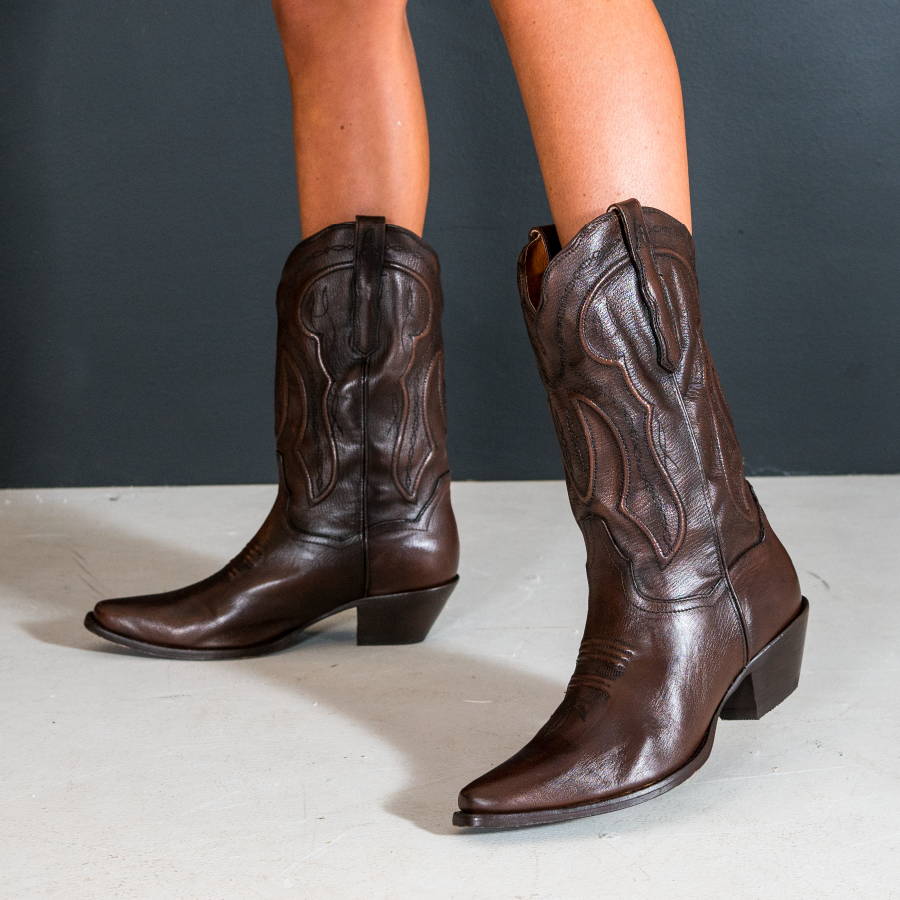 Mataya Chestnut Stitched Leather Boots (DS) - Lil Bee's Bohemian