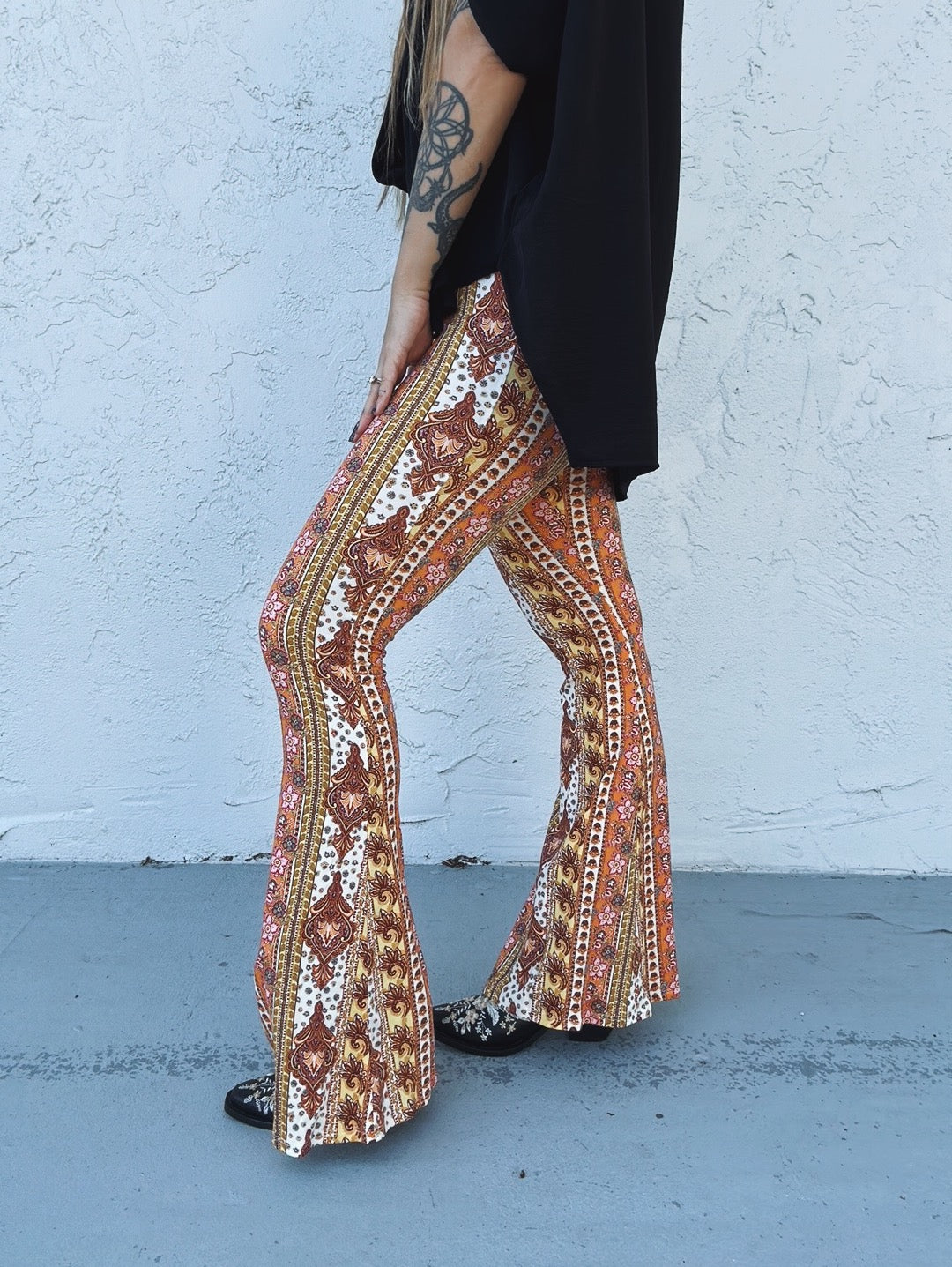 Dublin Girl Green Boho Floral Print Bell Bottom Flare Pants