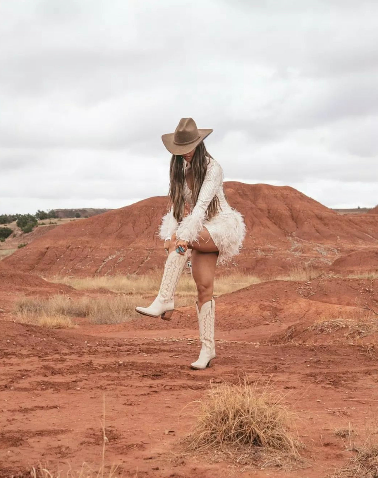 High Cotton Embroidered Sand Leather Knee High Boots (DS)