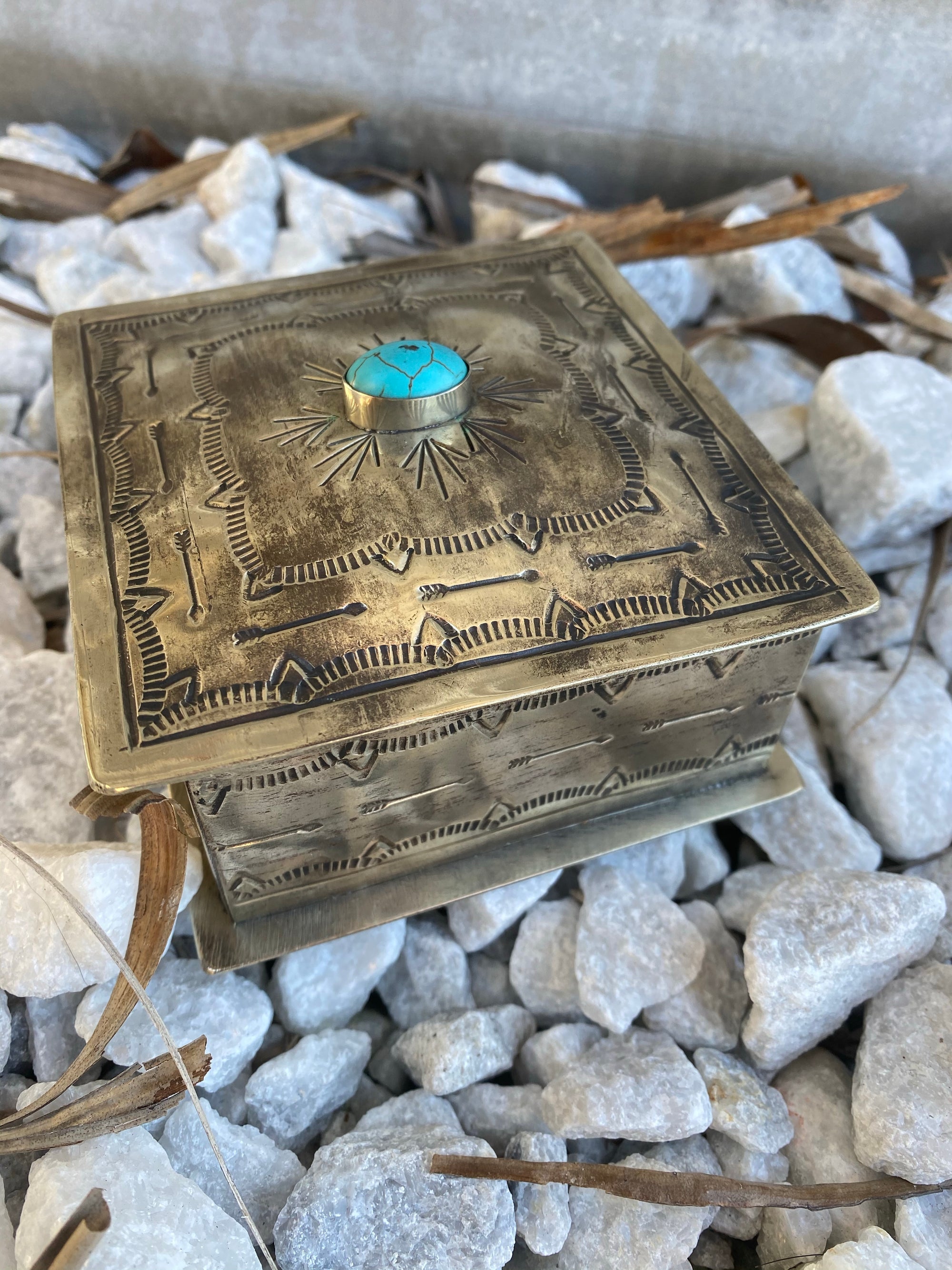 J. Alexander Square Stamped Box With Turquoise