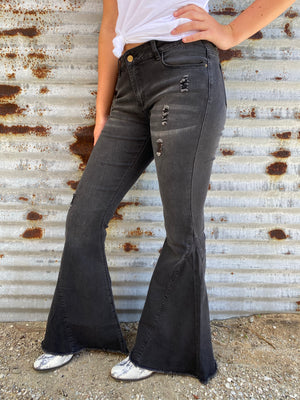 Highway Queen Distressed BLACK Denim Bell Bottom Jeans