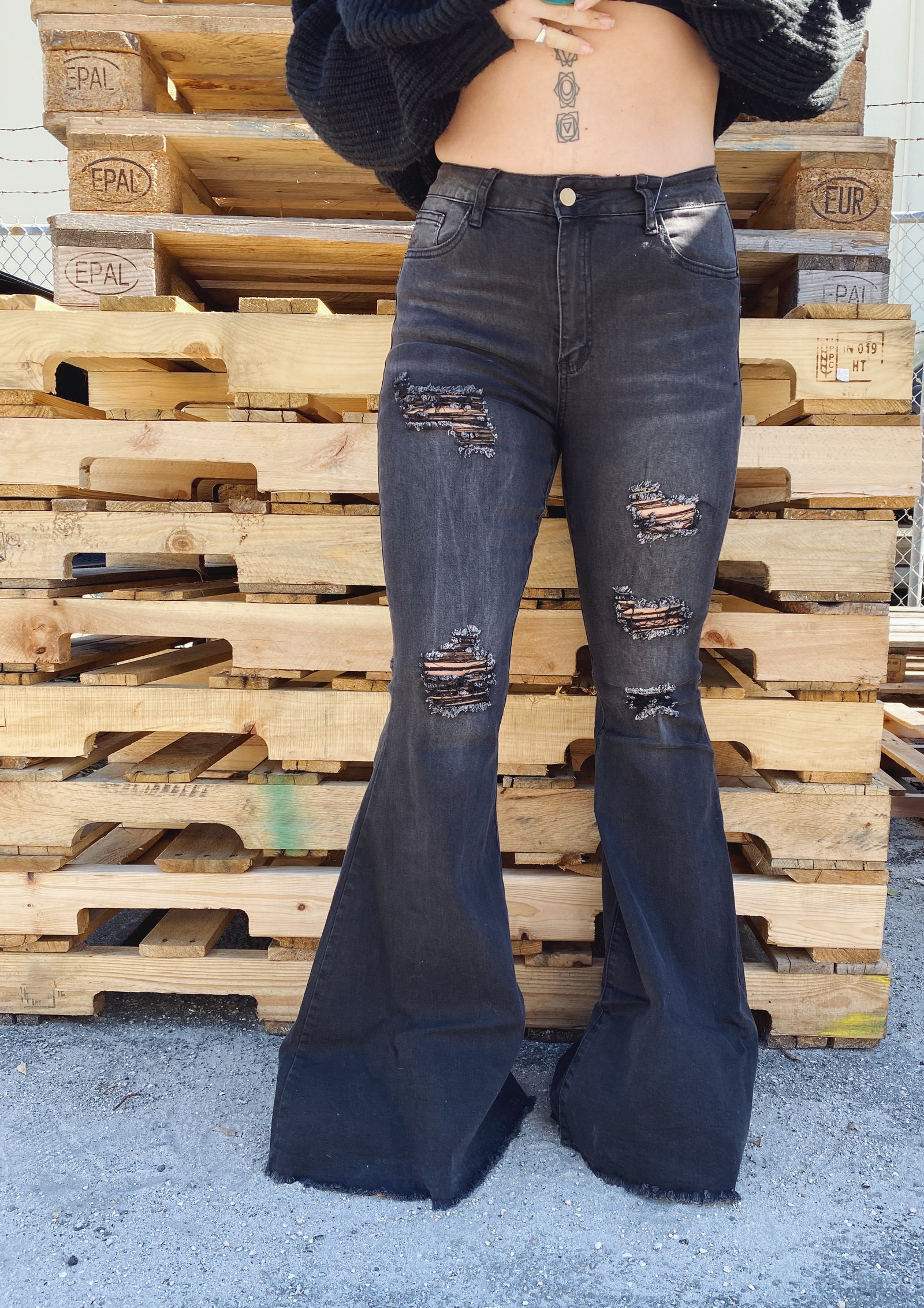 Raggedy Annie Distressed BLACK Denim Bell Bottom Jeans~ FINAL SALE