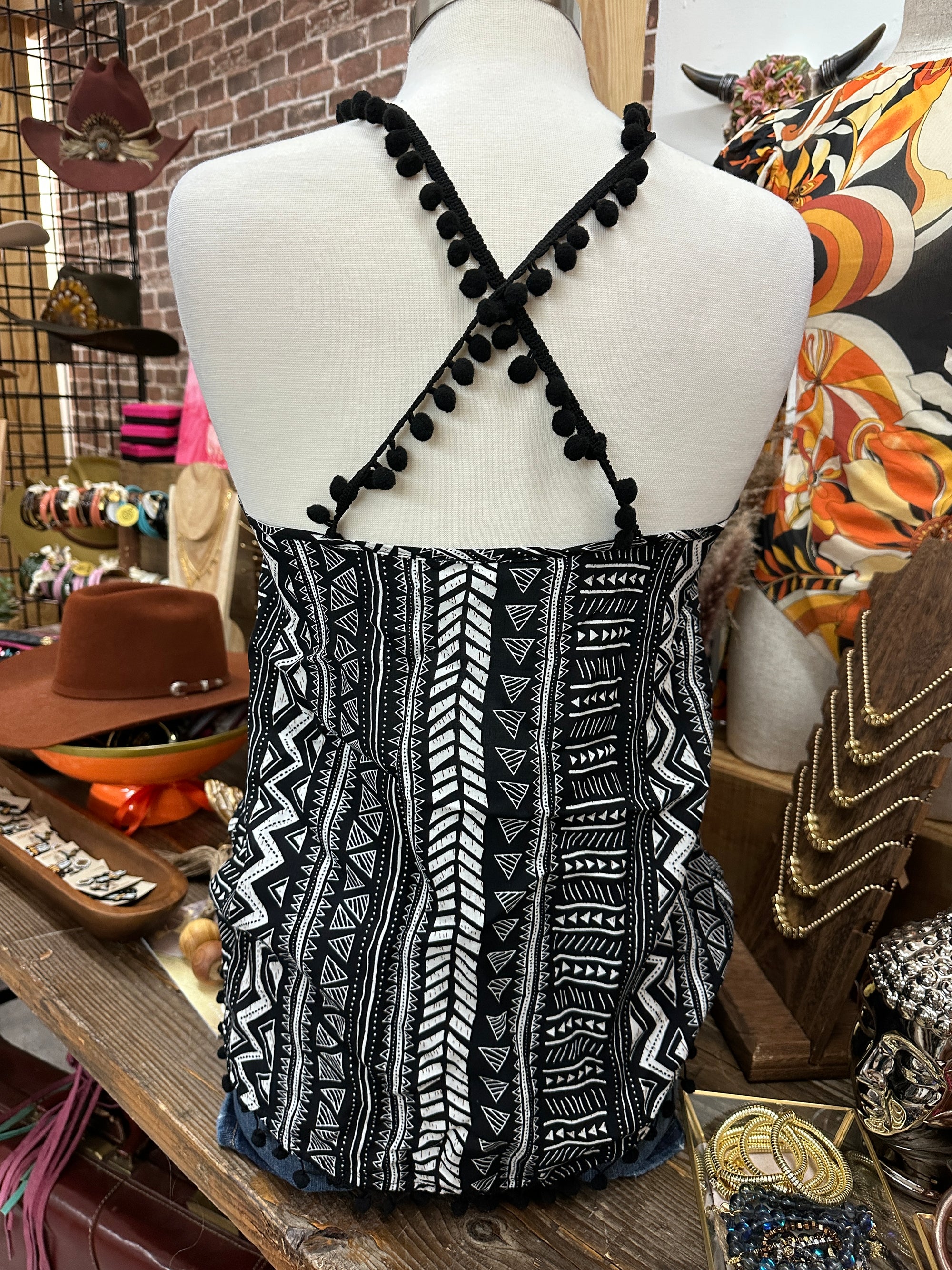 "Ole Pom Pom" Black & White Aztec Tank Top