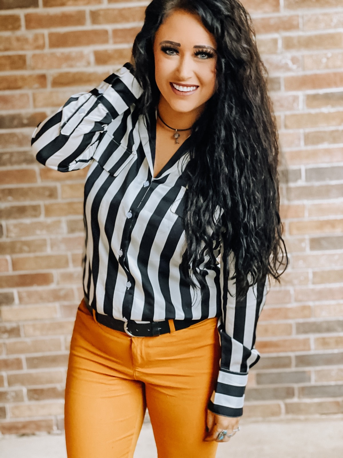 "Ole Prison Guard" Black & White Stripe Textured Satin Button Up Blouse