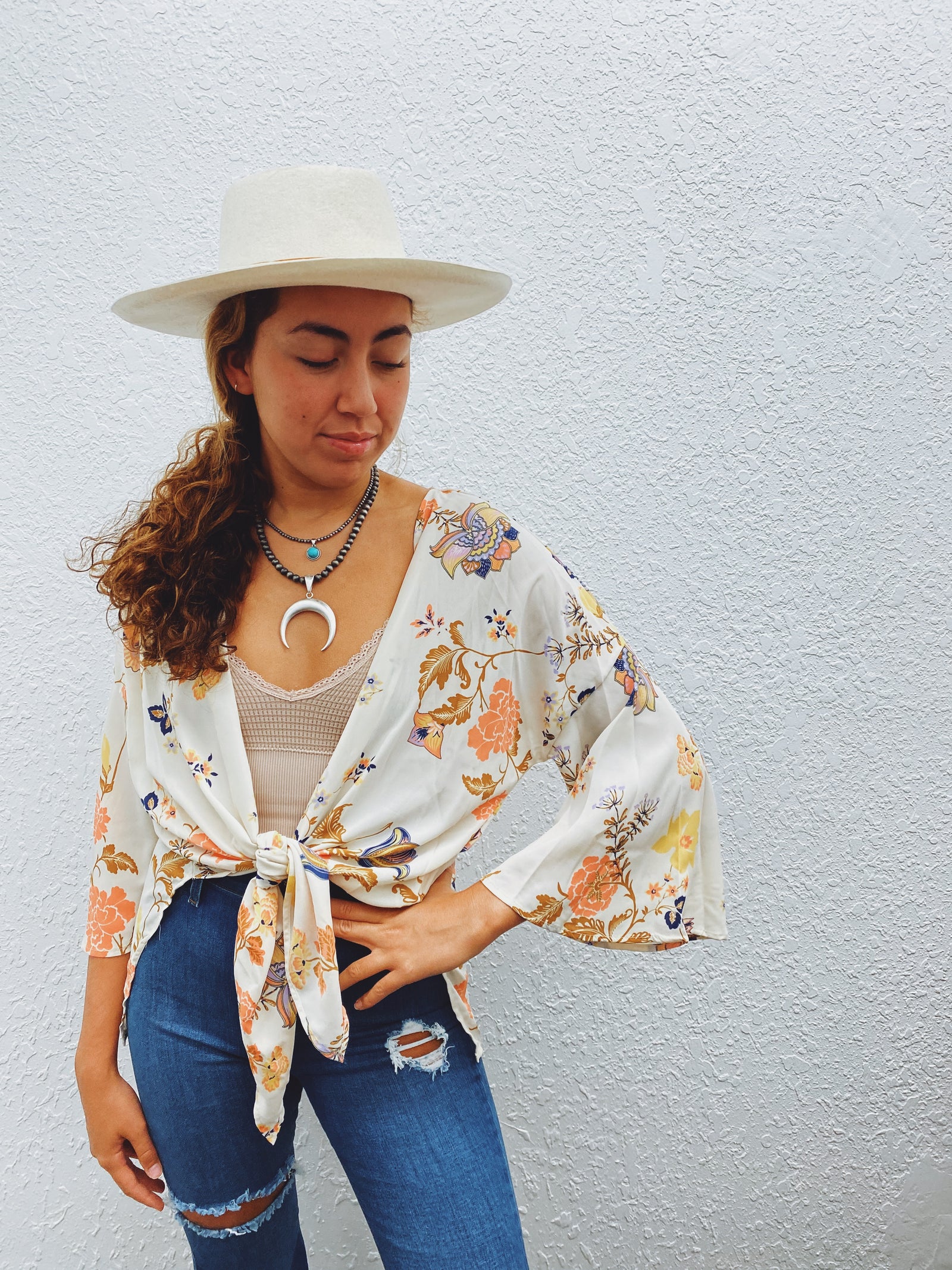 Jackie Ivory Floral Print Bell Sleeve Kimono ~ FINAL SALE