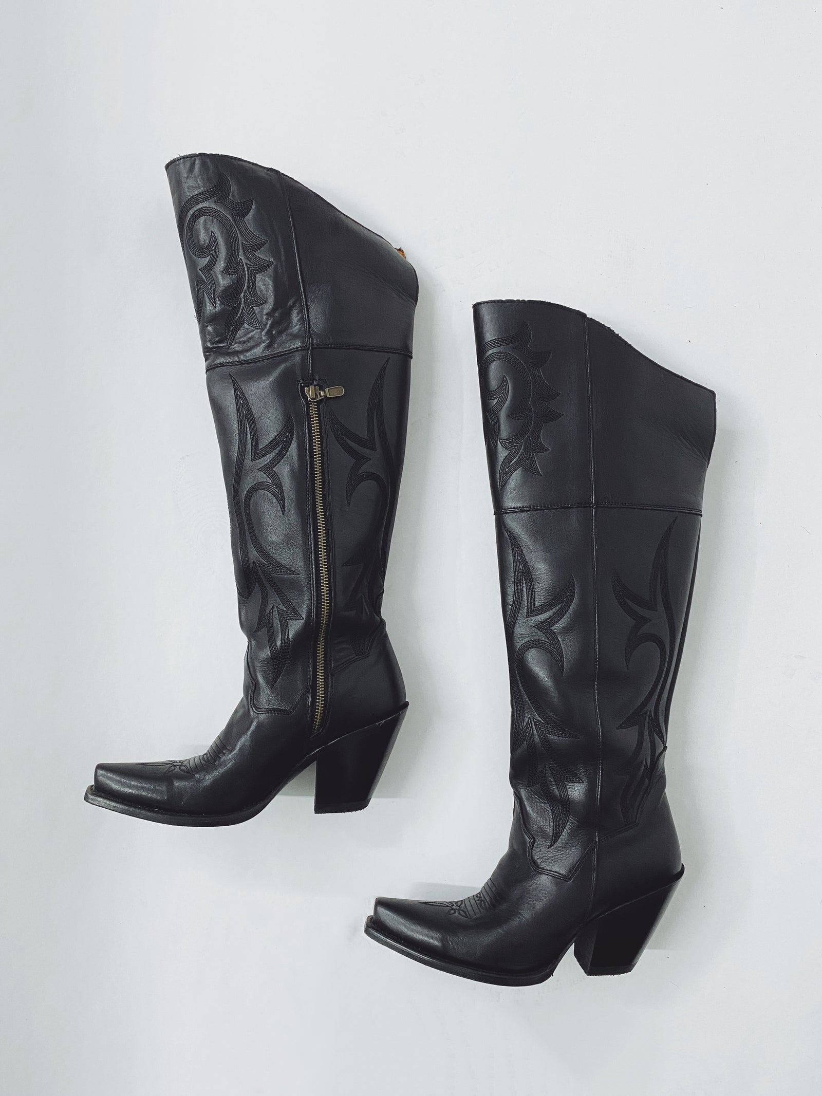 Jilted Embroidered Black Leather Over The Knee High Boots (DS)