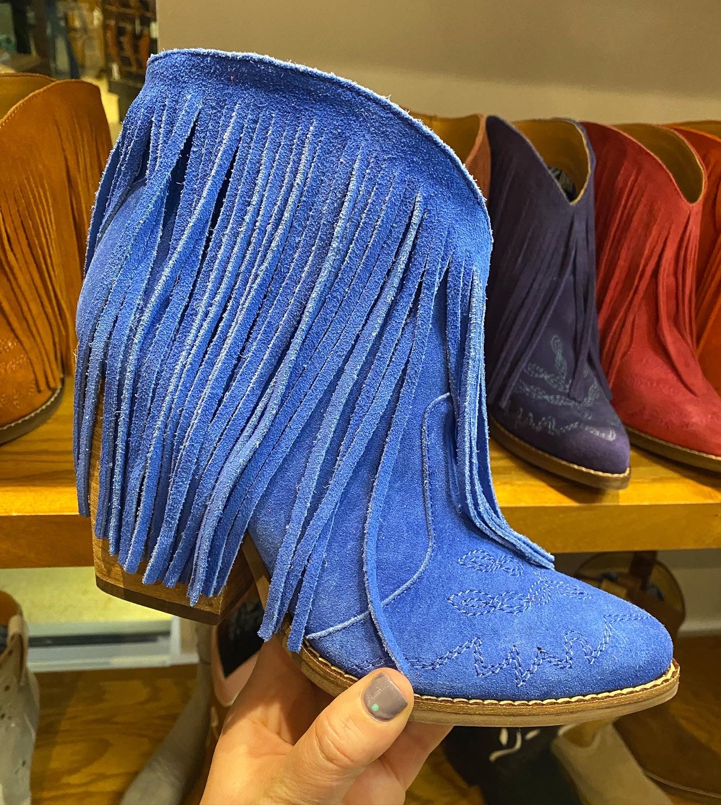 Blue fringe boots sale