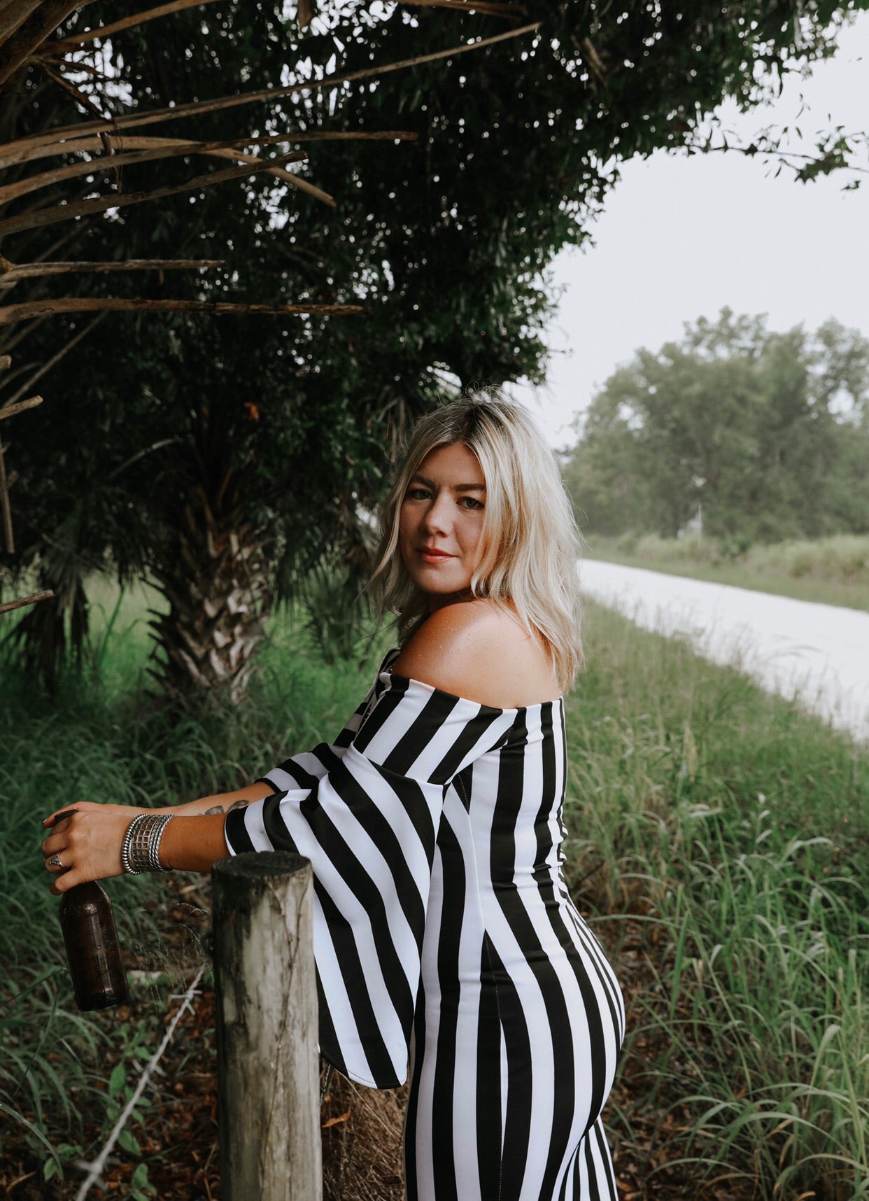 San Quentin Black & White Stripe Ruffle Bell Sleeve Dress ~ FINAL SALE