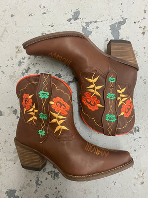 Play Pretty Brown Leather Embroidered Floral Booties (DS)