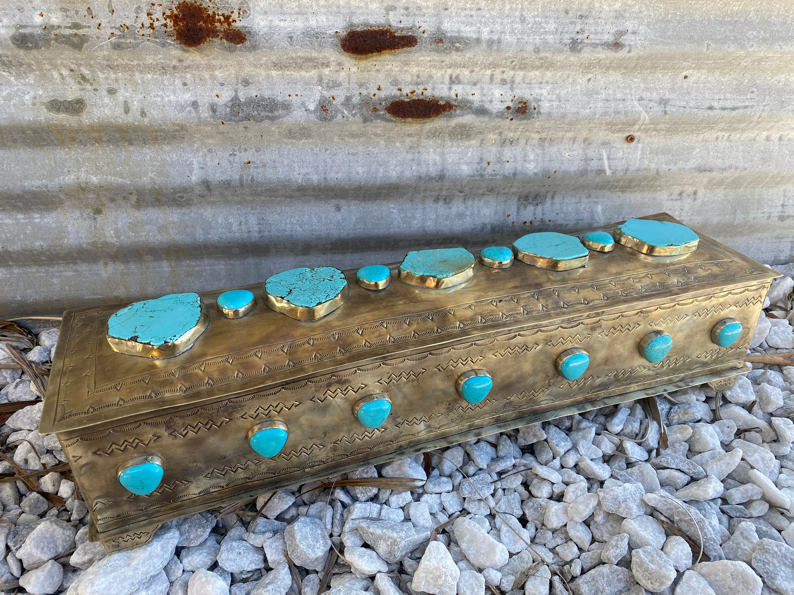J. Alexander Rustic Stamped Silver & Turquoise Stone Mantle Box Jewelry Holder ~ (made 2 order)