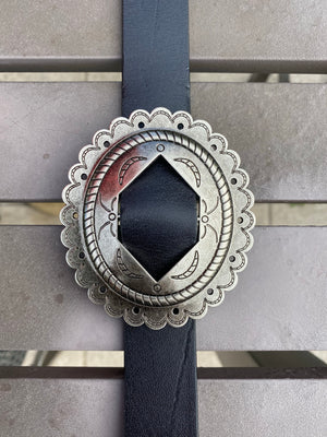 "Ole Castaway" Etched Silver Concho Leather & Cow Puncher Hair On Hide Belts