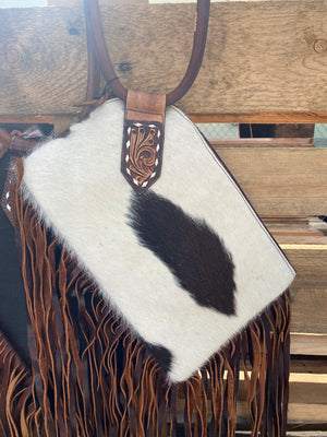 Round About Tooled Leather Hair on Hide Fringe Purse #4