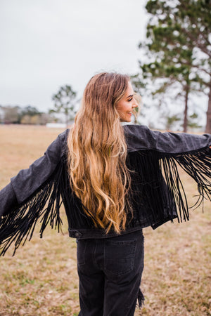 Lunatic Fringe Black Denim Fringe Trim Jean Jacket ~ FINAL SALE
