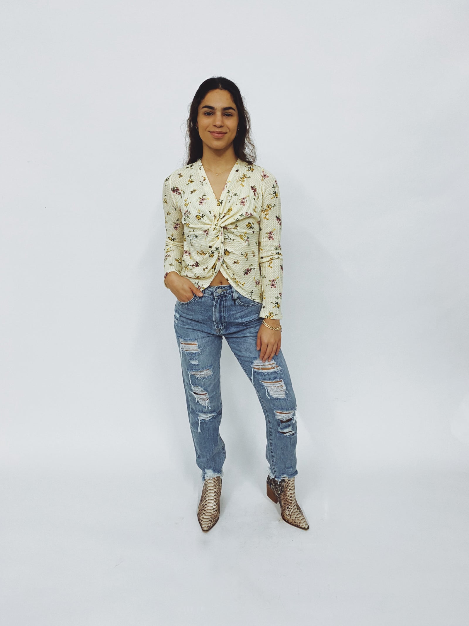 Thermal Floral Long Sleeve Twist Front Top ~ FINAL SALE