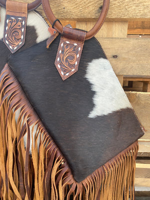 Round About Tooled Leather Hair on Hide Fringe Purse
