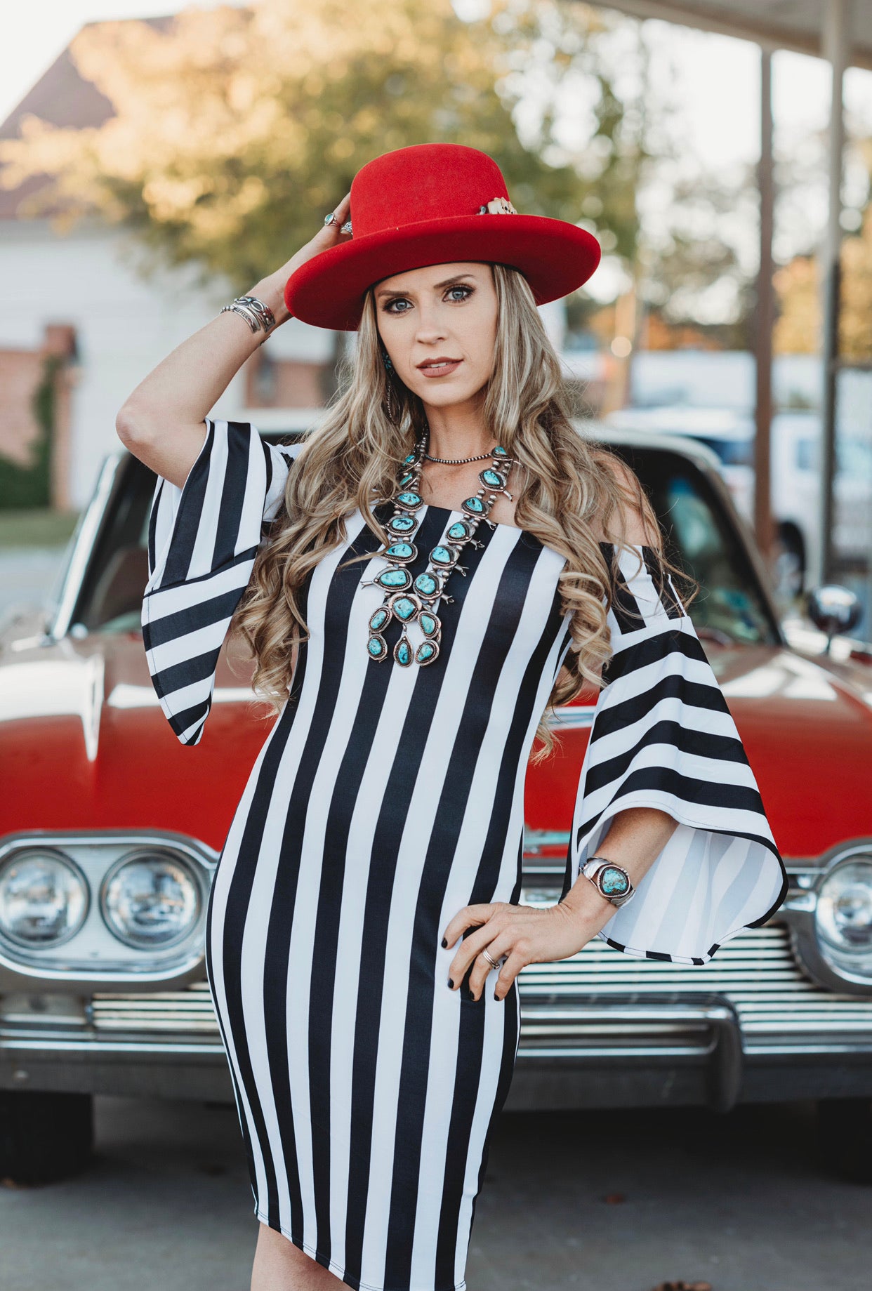 San Quentin Black & White Stripe Ruffle Bell Sleeve Dress ~ FINAL SALE