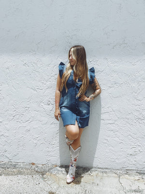 Don't Ruffle My Feathers Denim Ruffle Mini Dress