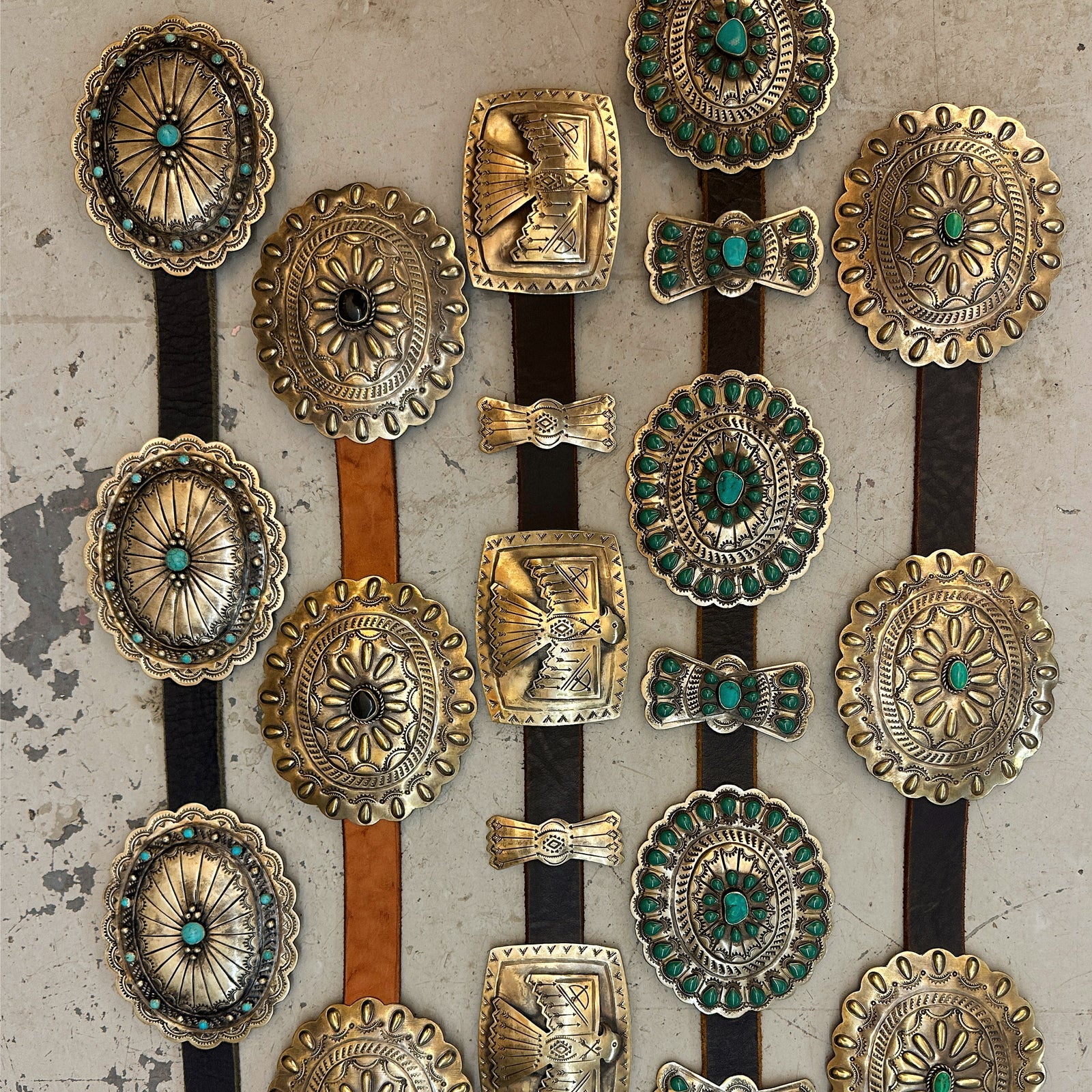 Authentic Turquoise & Black Onyx Etched Silver Concho Leather Belts