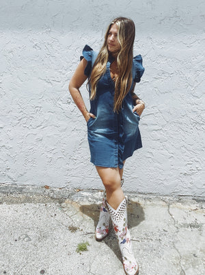 Don't Ruffle My Feathers Denim Ruffle Mini Dress