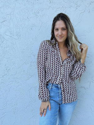 Write This Down Geometric Print Long Sleeve Button Up