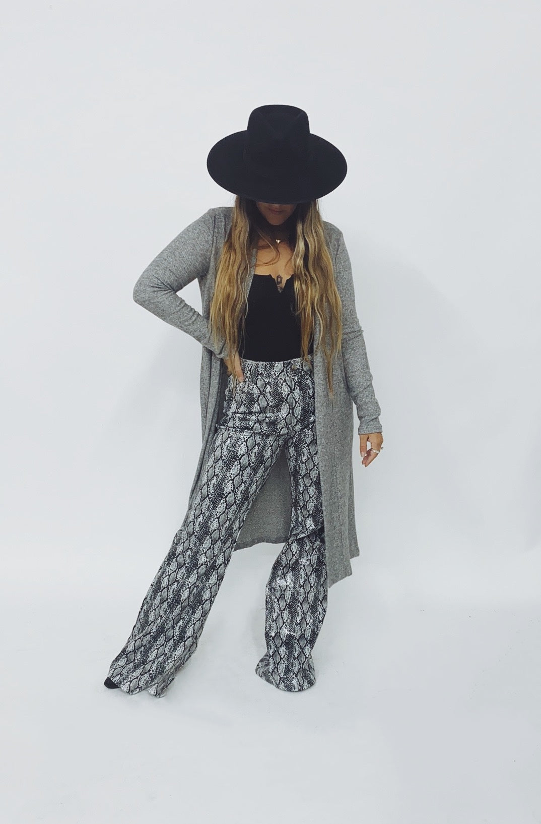 Rocky Road Black & Silvery Grey Snakeskin Leather Flare Pants ~ FINAL SALE