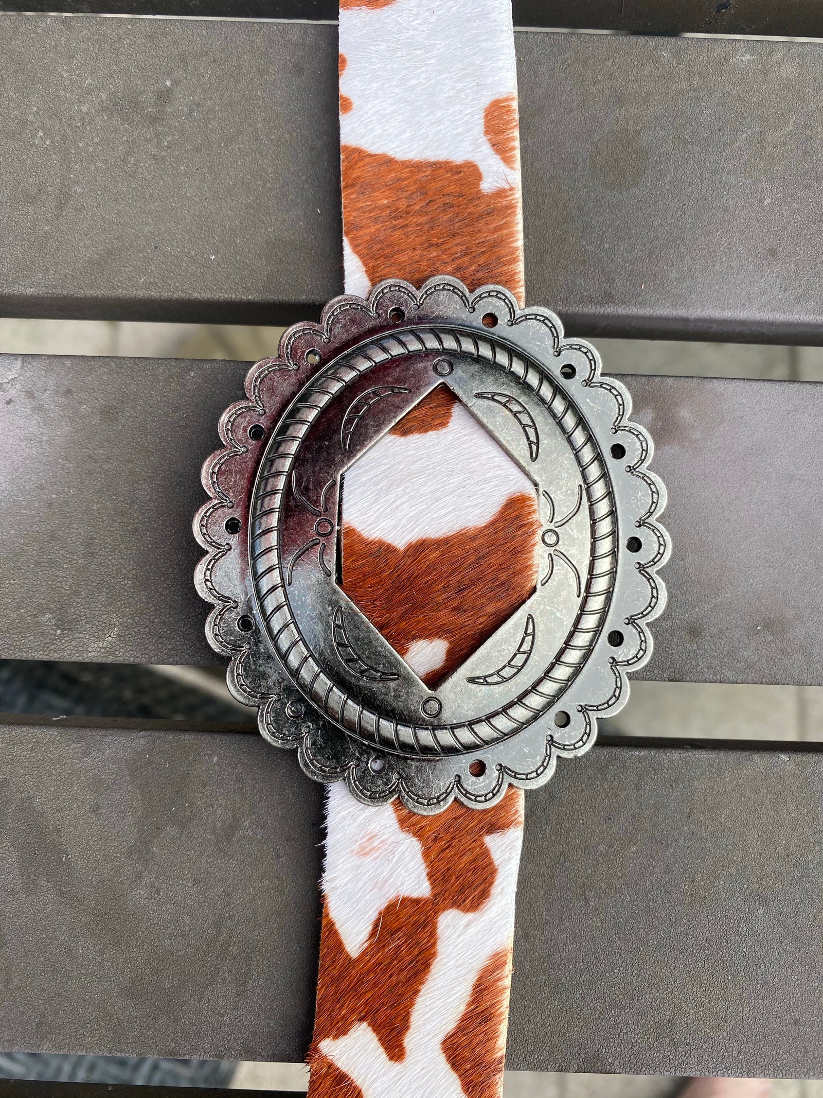 "Ole Castaway" Etched Silver Concho Leather & Cow Puncher Hair On Hide Belts