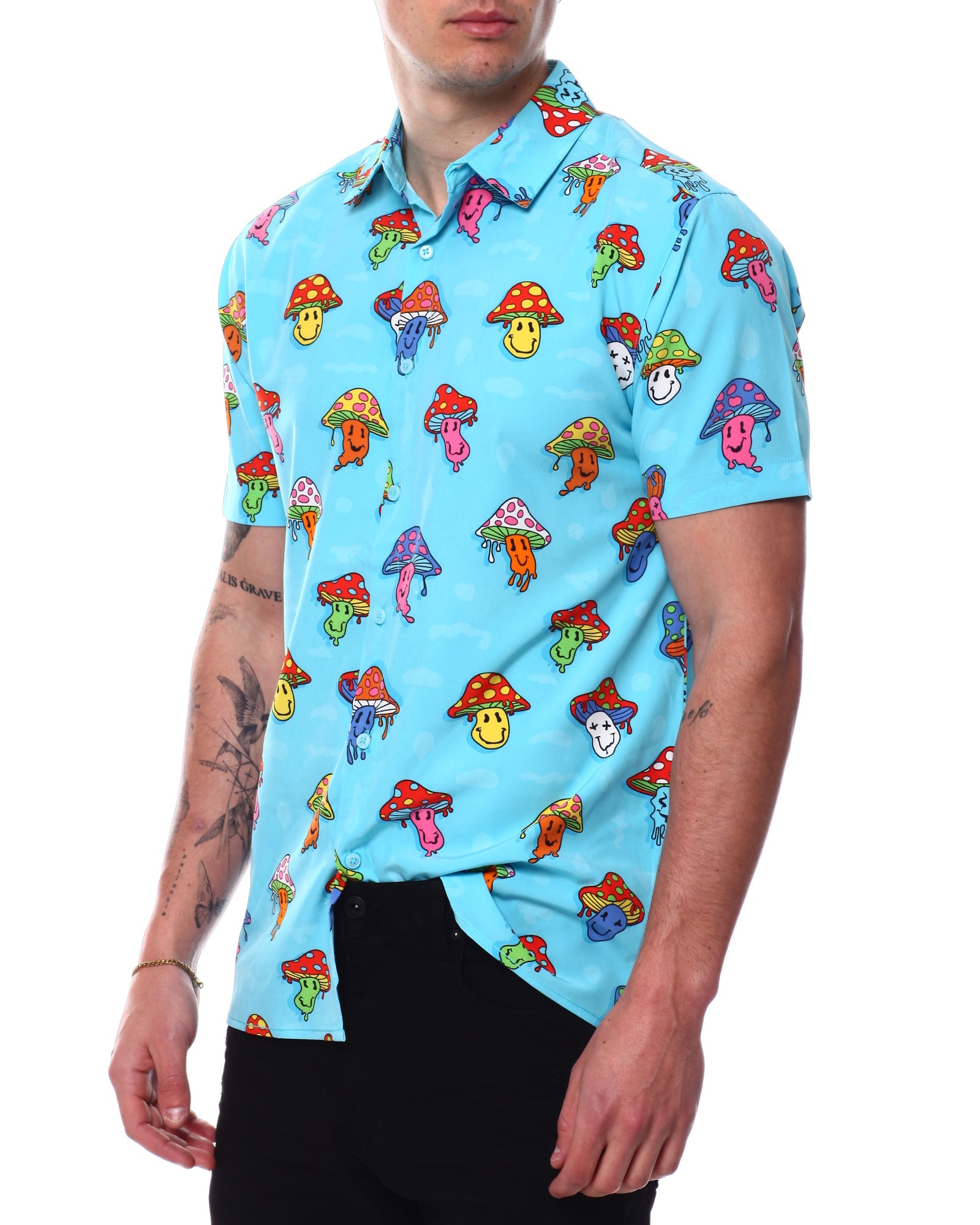 Day Tripper Mushroom Smiley Face Button Up Short Sleeve Shirt