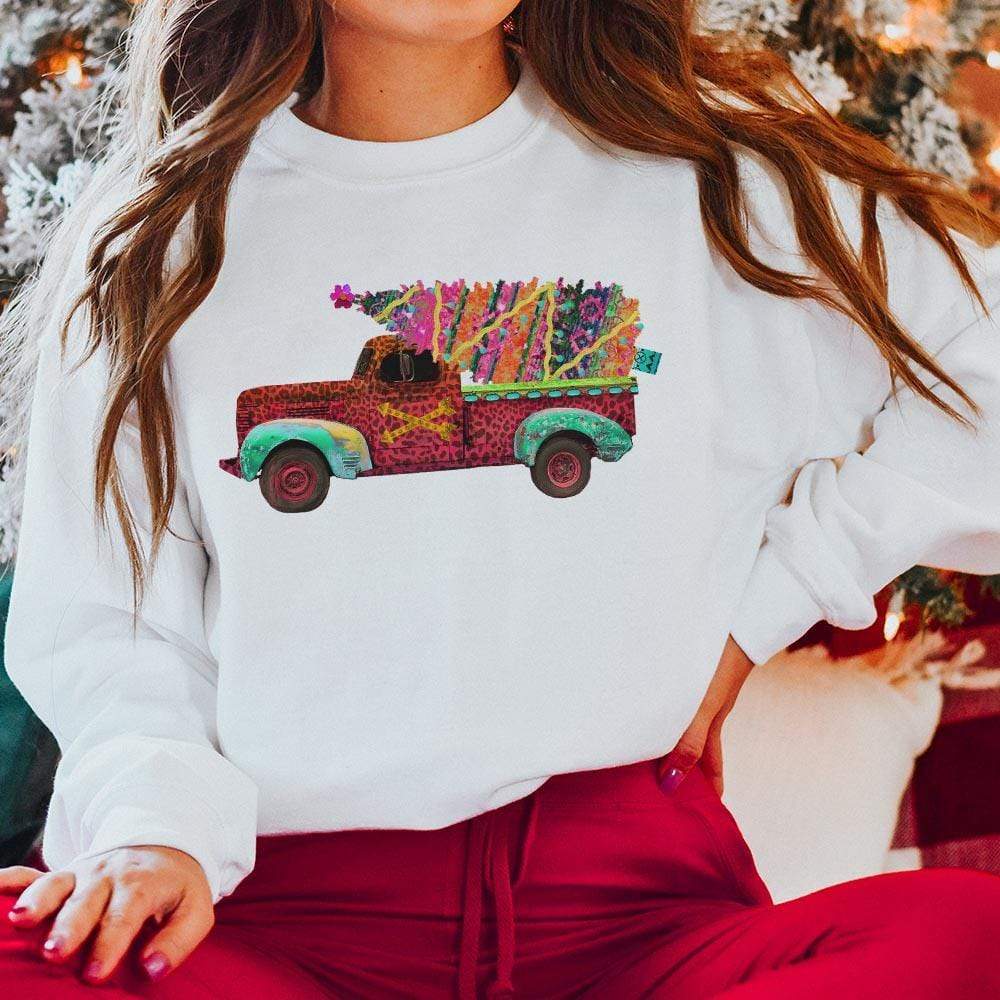 Leopard Christmas Truck White Graphic Sweatshirt (made 2 order)