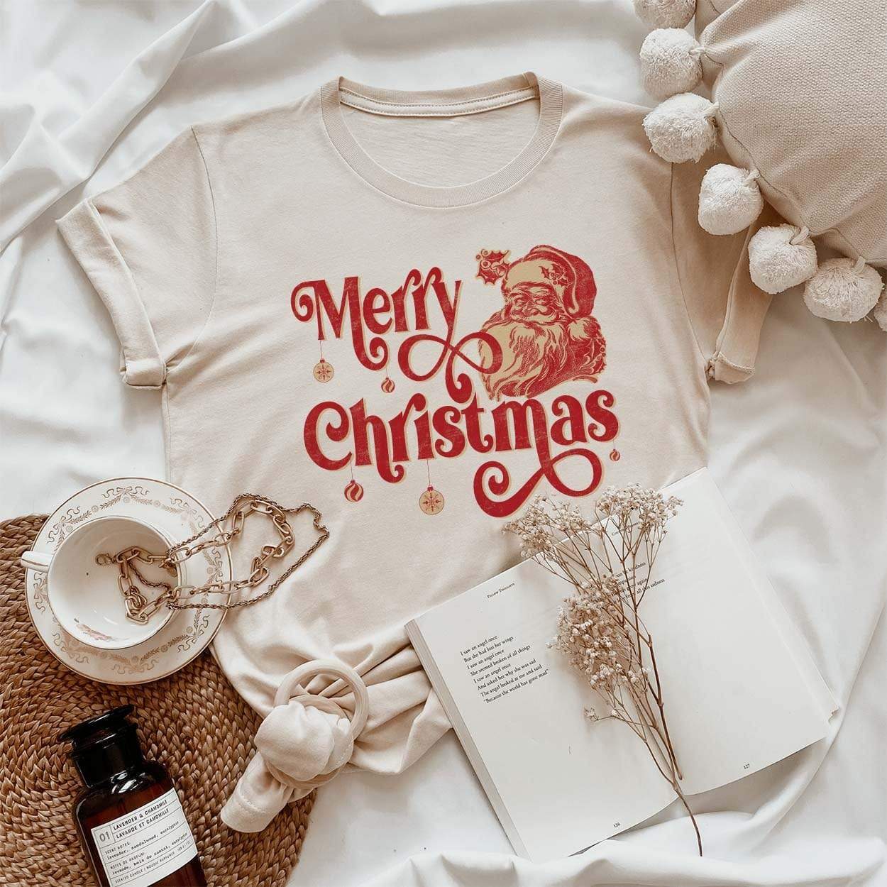 Merry Christmas Vintage Santa Cream Graphic Tee (made 2 order)