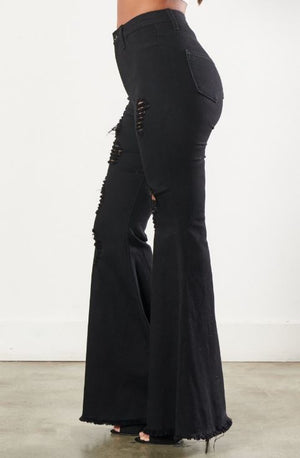 Mississippi Queen Distressed Denim Bell Bottom Flare Jeans ~ BLACK DENIM