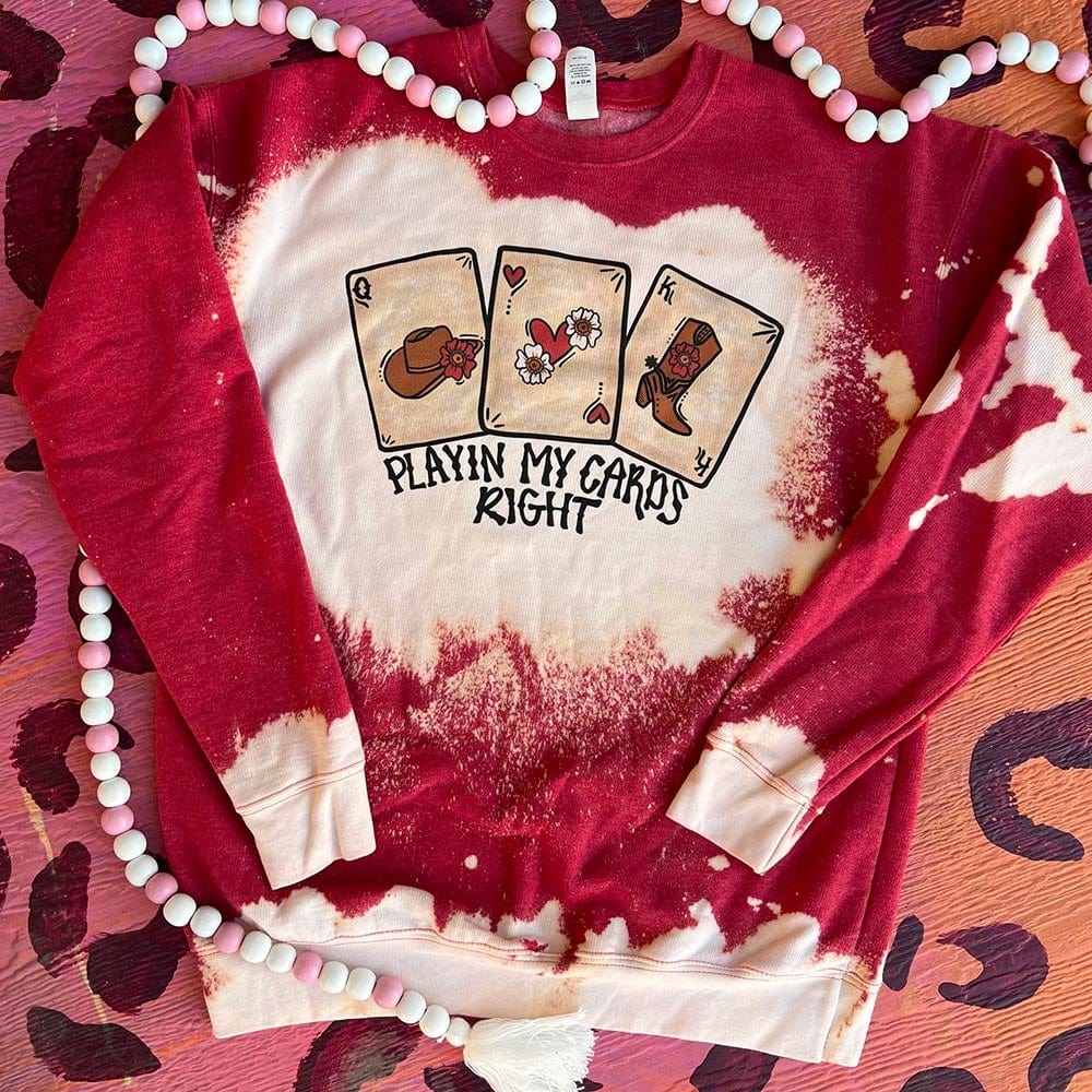 Playin My Cards Right Bleached Red Graphic Sweatshirt (made 2 order) LC