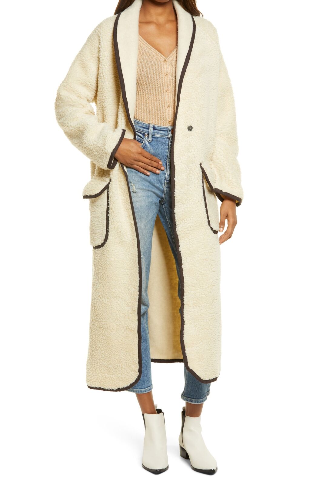 Free People Irresistible Teddy Faux Shearling Long Coat ~ size L ~ Queen Bee’s Closet #1049
